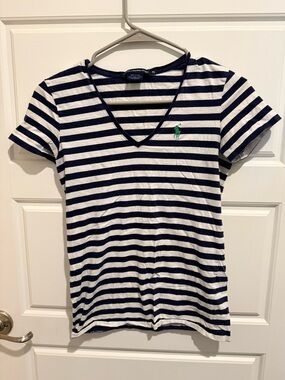 Ralph Lauren Navy & White Striped V-Neck Tee with Green Pony